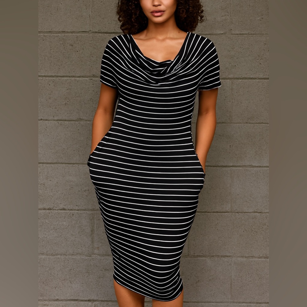 Striped Cowl Neck Midi Dress - Black/White